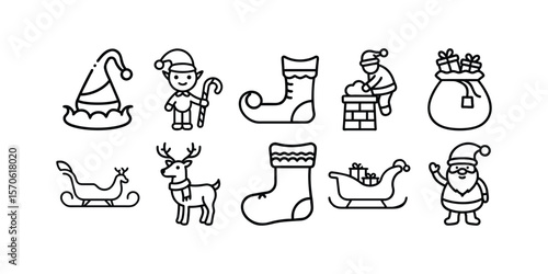 Merry Christmas Icons – Santa & Helpers Line Art and Silhouette Vector Icon Bundle