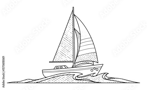 sailing boat on ocean line art