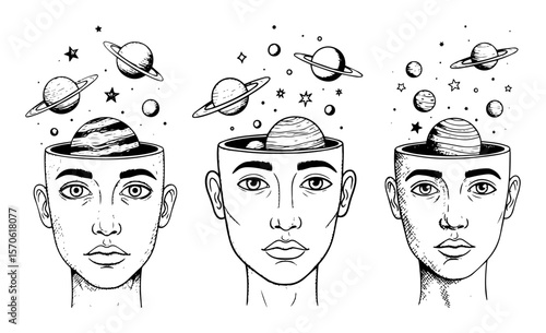 surreal open mind with planets line art