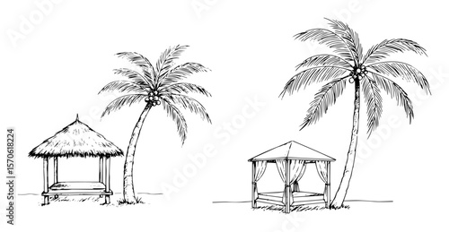 tropical beach scenes with palm trees and cabana sketch vector set