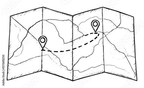 hand drawn travel map with route and location pins vector sketch