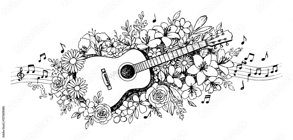 Obraz premium guitar with flowers and music notes line art