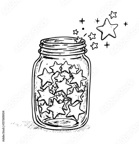 jar filled with glowing stars line art