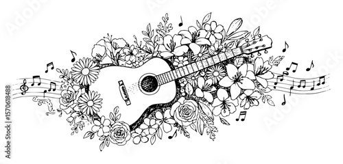 guitar with flowers and music notes line art