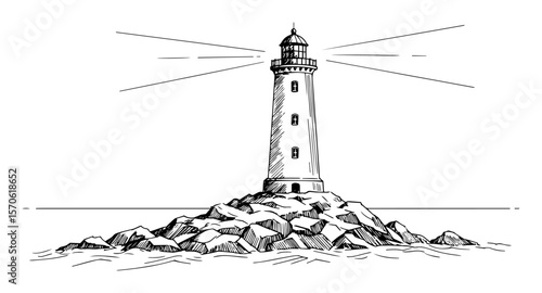 lighthouse on rocky coast with beacon vector sketch illustration