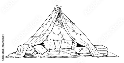 cozy blanket fort with pillows and string lights hand drawn sketch