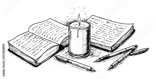 open book with candle and pens for writing or studying sketch