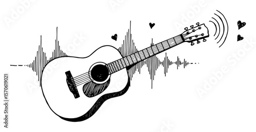 acoustic guitar with sound waves and hearts sketch