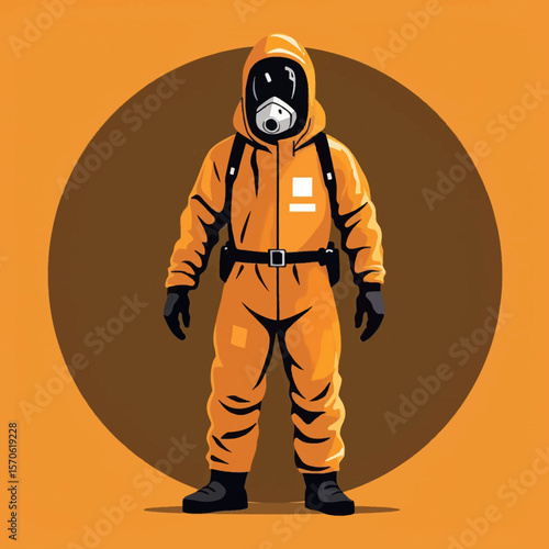A person wearing a full orange hazmat suit and gas mask stands against a brown circular background.