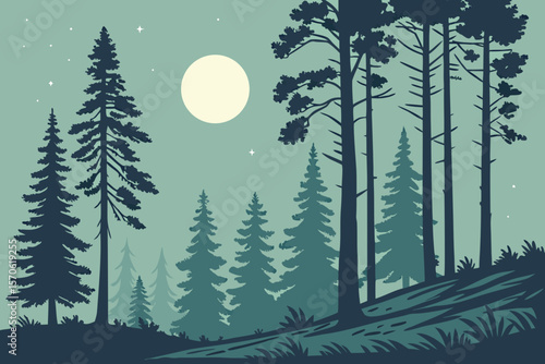 Pine Trees Under Full Moon – Vector.