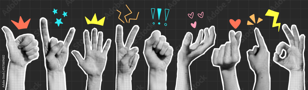 Naklejka premium Y2k dot halftone human hand gesture collage, retro comic sticker and grunge torn paper cutout element in pop art style with doodle arrow, crown, love and star icon. Vintage dotted arm and thumb sign.