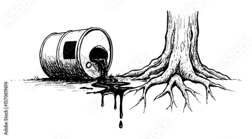 environmental pollution concept with oil barrel spilling on tree roots sketch