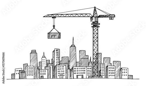 city under construction with tower crane hand drawn sketch