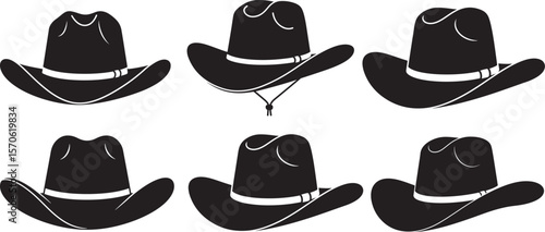 Collection of six black cowboy hats with white trim on a white background