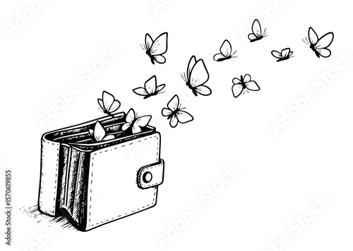 butterflies flying out of wallet sketch concept