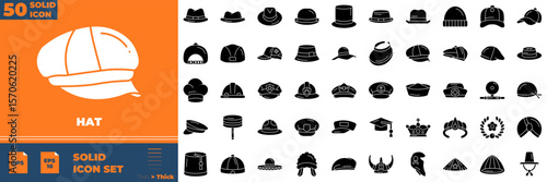 Hat Solid Editable Icons set. Vector illustration in modern thin solid style of hat icons: Summer cappella hats, skater rap snapback, etc
