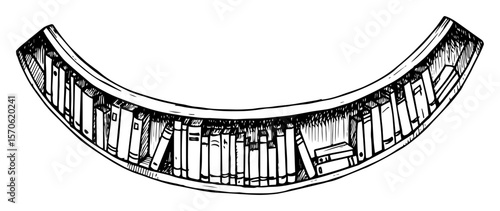 curved bookshelf filled with books vector sketch illustration