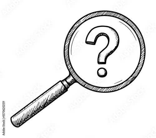 magnifying glass examining question mark vector sketch illustration