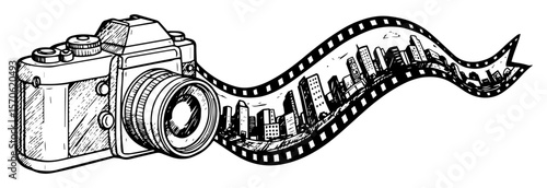 vintage camera with cityscape on film strip vector sketch