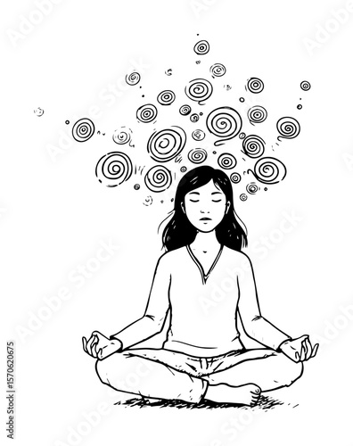 woman meditating with swirling thoughts line art