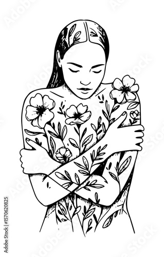 woman embracing herself with blooming flowers vector sketch illustration