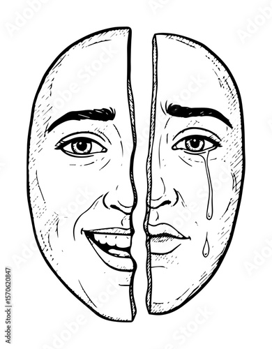 split face mask showing happy and sad emotions vector sketch illustration