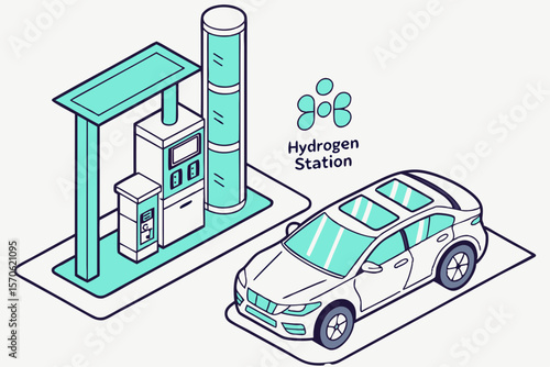 Isometric view of a hydrogen fueling station with a modern sedan car ready for alternative clean energy use