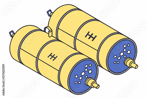 Isometric illustration of two cylindrical reservoirs with blue ends and detailing suitable for engineering concepts