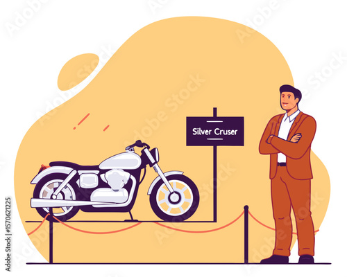 Stylish illustration featuring a man and a silver cruiser motorcycle suitable for advertising and design projects