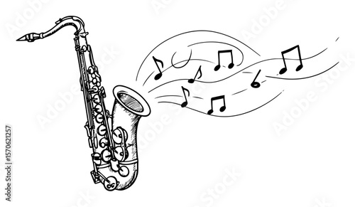 saxophone with musical notes hand drawn vector sketch