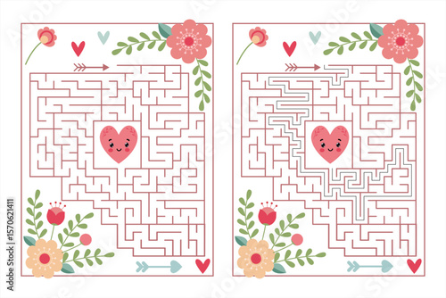 Romantic heart maze with solution – flat vector illustration in pastel pink colors on white background, perfect for Valentine’s Day cards, love games, and wedding designs
