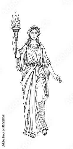 ancient goddess statue holding torch hand drawn sketch