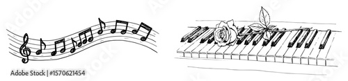 music elements set piano keys rose and notes sketch