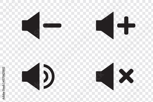 Set of four speaker icons representing mute, unmute, volume up, and volume down options for user interface and audio settings. Plus, minus, cross symbol icon. Eps 10
