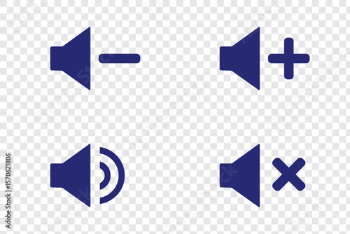 Set of four speaker icons representing mute, unmute, volume up, and volume down options for user interface and audio settings. Plus, minus, cross symbol icon. Eps 10