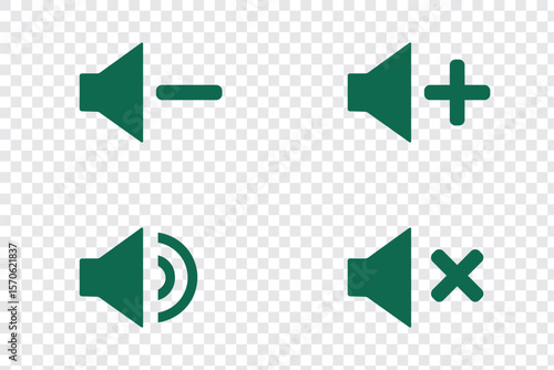 Set of four speaker icons representing mute, unmute, volume up, and volume down options for user interface and audio settings. Plus, minus, cross symbol icon. Eps 10