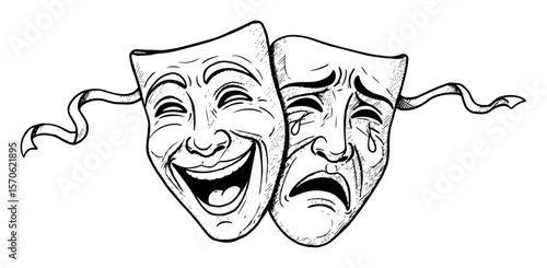 comedy and tragedy theater masks hand drawn vector sketch