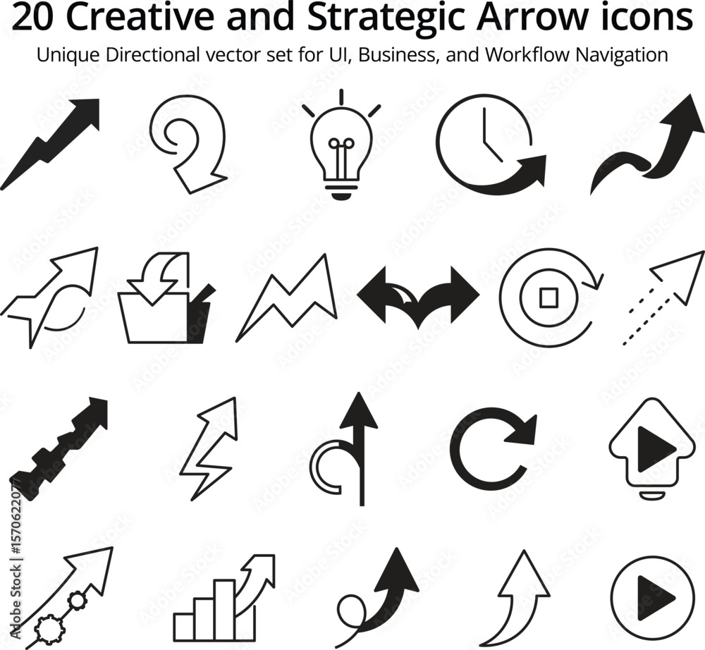 Fototapeta premium Black and outline arrow icons- 20 Creative and Strategic Arrow Icons – Unique Directional Vector Set for UI, Business, and Workflow Navigation
