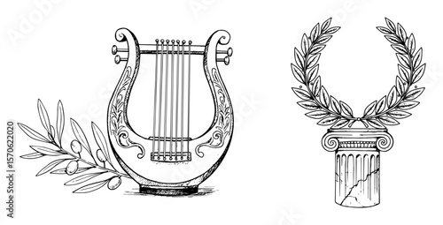 ancient greek symbols lyre and laurel wreath on column sketch