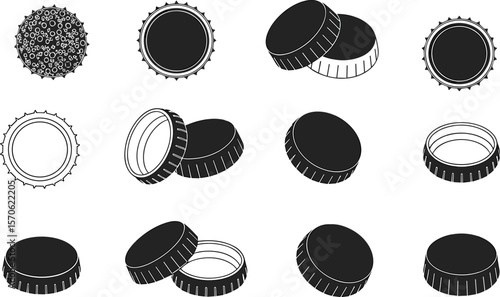 Set of black and white vector bottle cap illustrations, soda beer caps collection, top view and side view, isolated clipart, packaging design