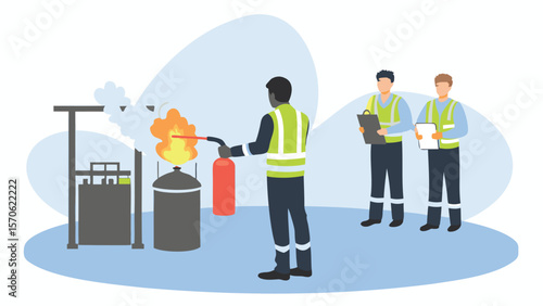 Man extinguishing fire with extinguisher while two men observe in industrial setting scenario exactly