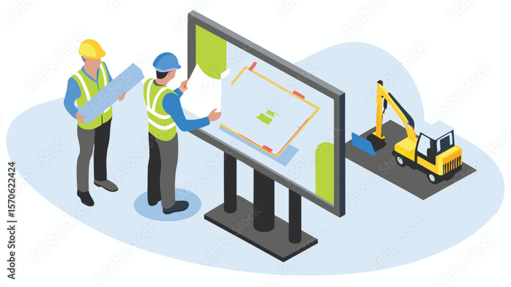 Two construction workers review plans near a large display and excavator on a construction site view Two construction workers review plans near a large display and excavator on a construction site view