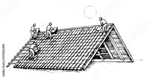 workers installing roof truss vector sketch illustration