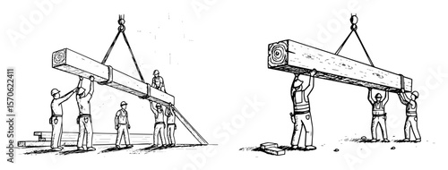 construction crew lifting heavy beam vector sketch illustration