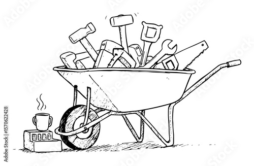 wheelbarrow full of construction tools with coffee break sketch