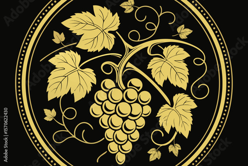 grapes, golden grapes, grape bunch, grape leaves, golden grape bunch, golden grapes with leaves, vine leaves, circular design, black background, gold frame, gold accents, luxurious, ornate, elegant