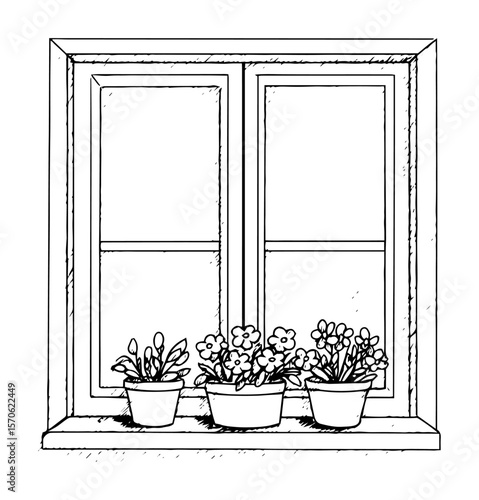 window with flowers on windowsill sketch cozy home illustration
