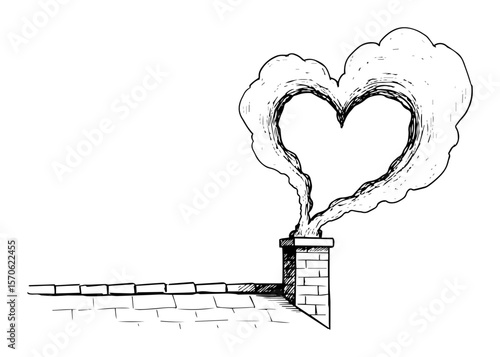 home love concept with heart shaped smoke from chimney sketch