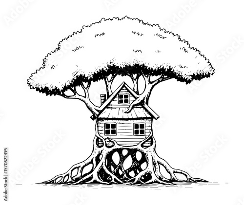 fantasy treehouse on big tree with roots sketch illustration