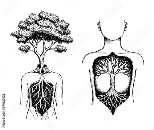 human body with tree as lungs and head concept sketch